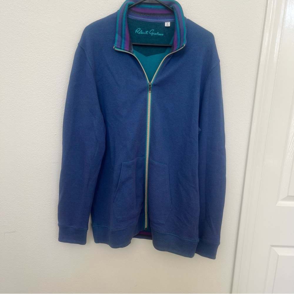 Robert Graham Men’s L Full Zip Sweater FLIP CUFF Blue Cotton Woven Knit 81913